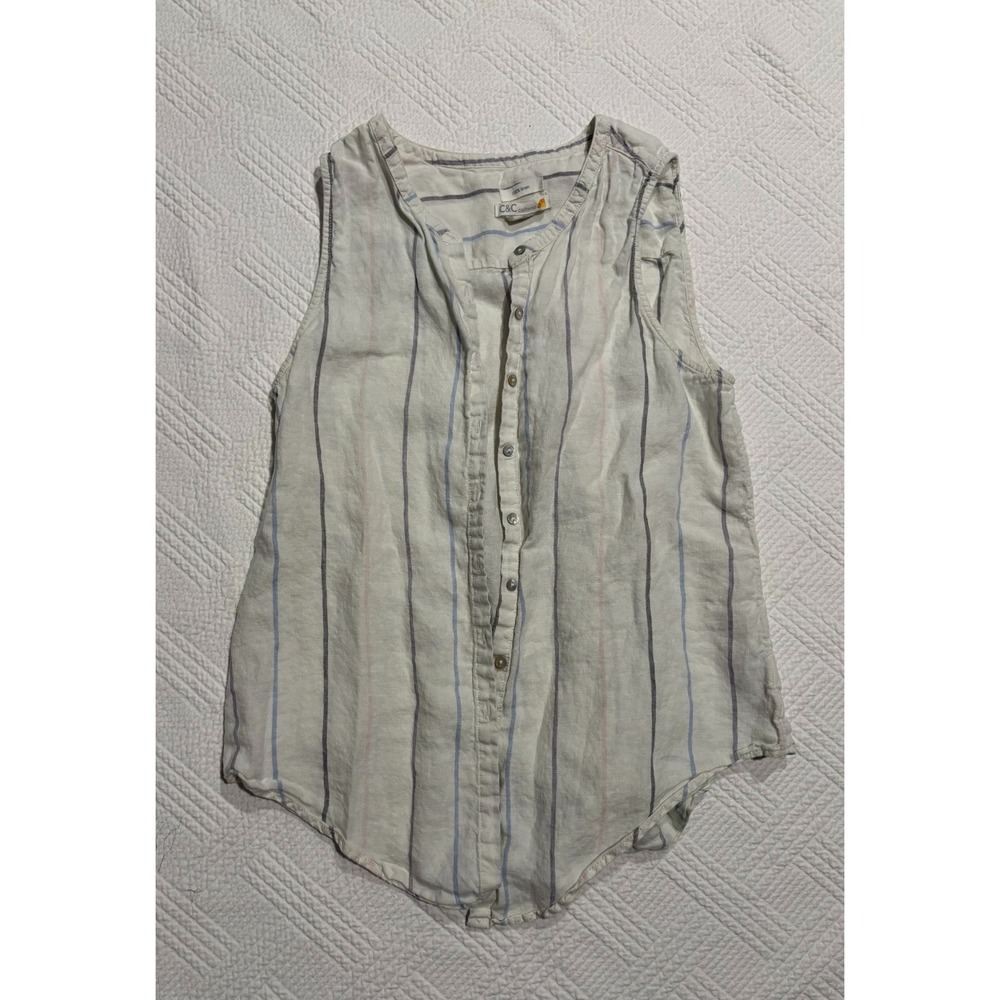 C & C California Women's Sleeveless Button-up Linen Blouse Size Large Striped